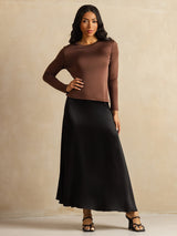 [Café] SilkSilky-ES Long Sleeve Crew Neck Camisetas de Mujer 008