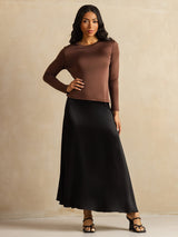 [Café] SilkSilky-ES Long Sleeve Crew Neck Camisetas de Mujer 008