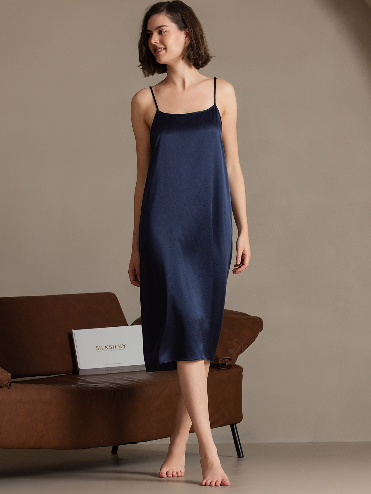 [Azul Oscuro] SilkSilky-ES 19Momme Seda Sin mangas Dress 007