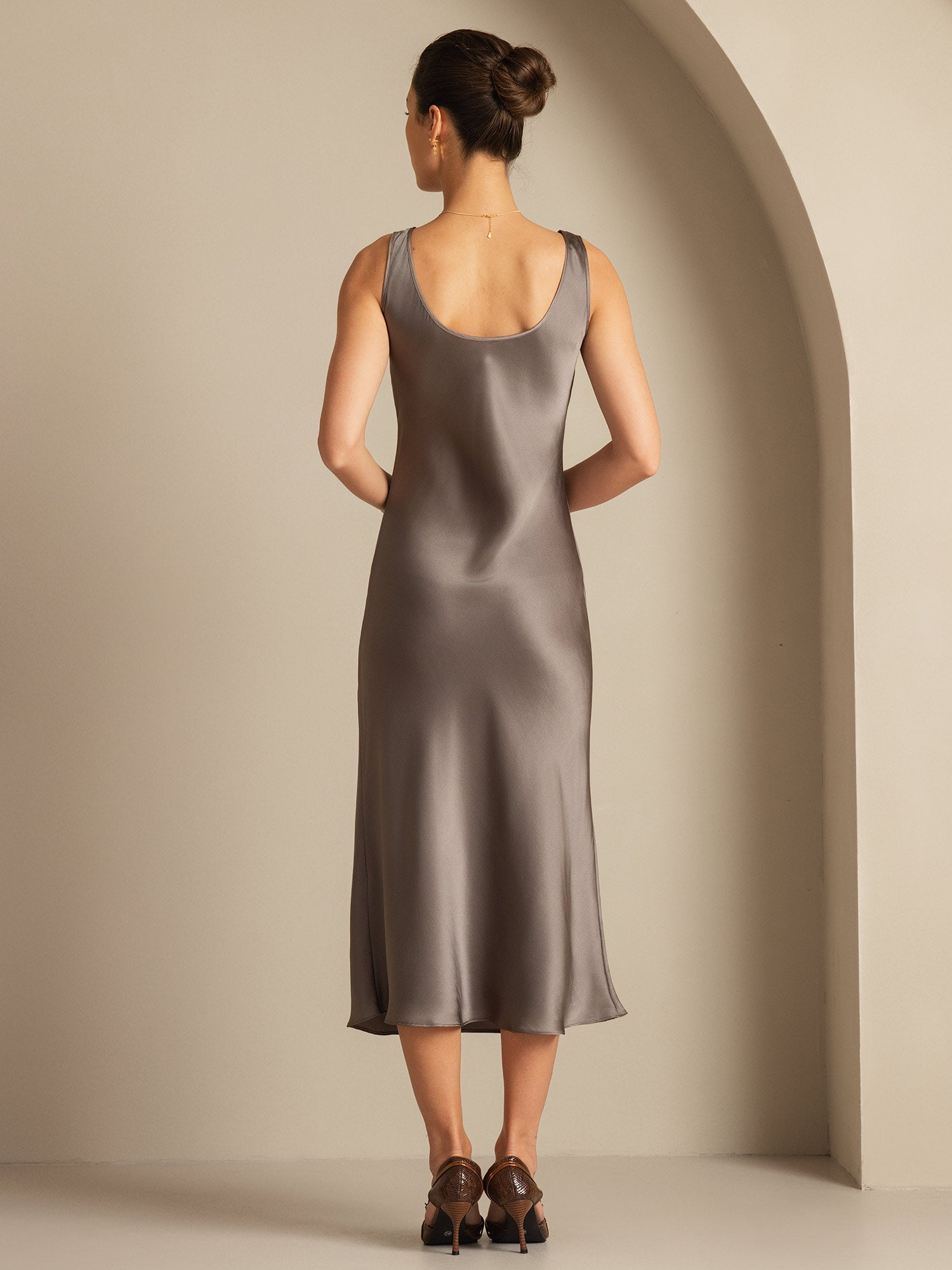 [Caqui Oscuro] SilkSilky-ES Seda Pura Cuello Barco Vestido 002,