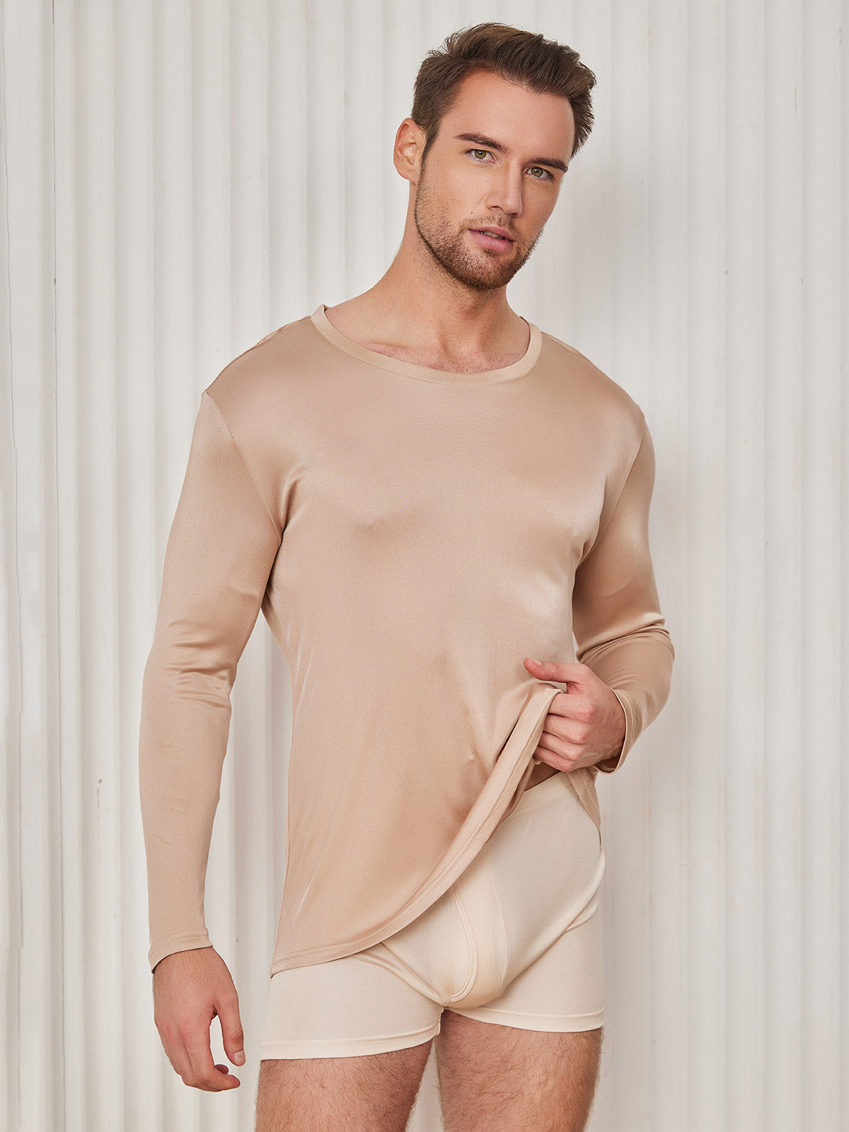 [Beige] SilkSilky-ES Manga larga Cuello Redondo Camiseta de hombre 001