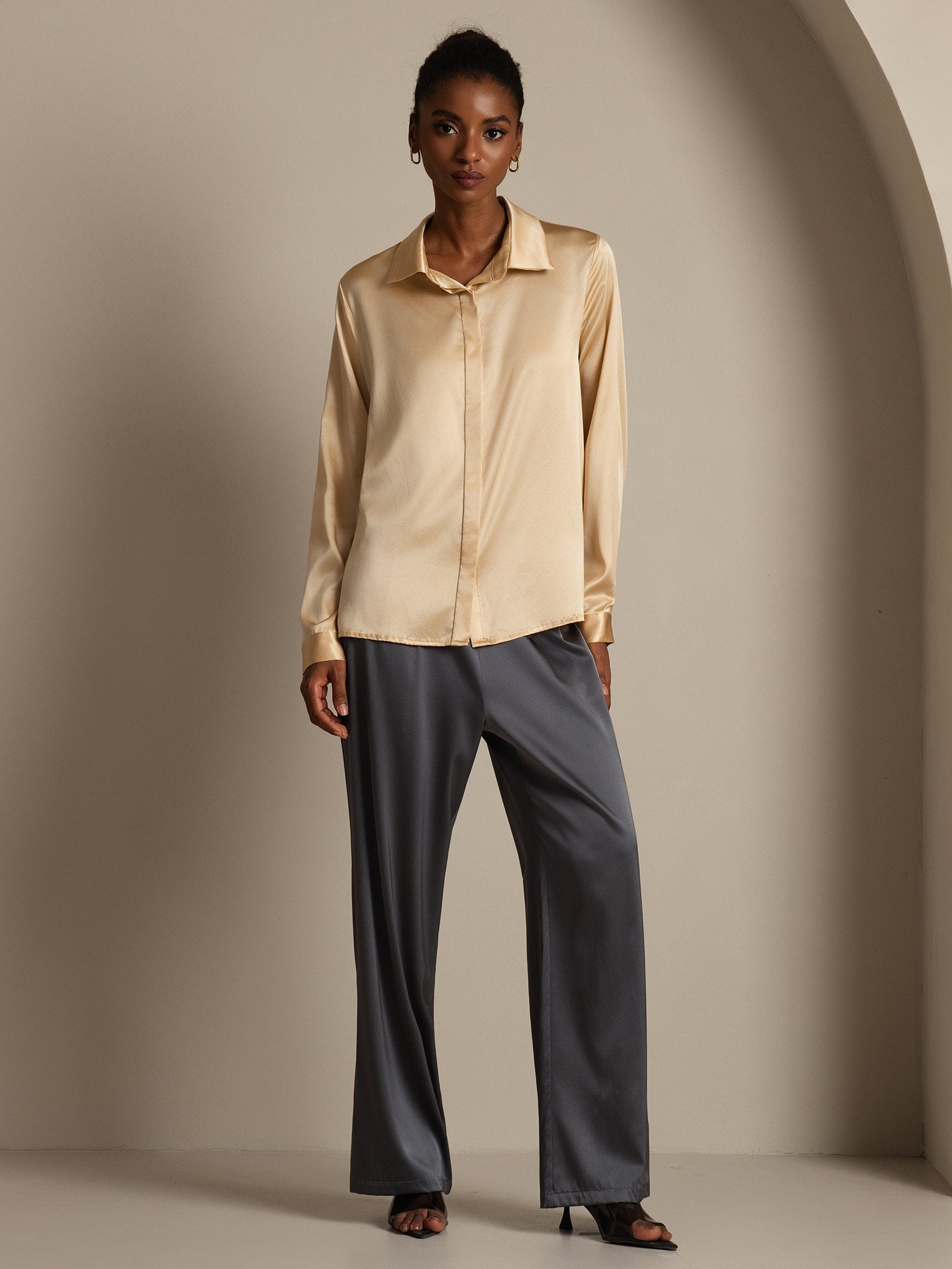 [Champán] SilkSilky-ES 19Momme Seda Cuello Camisero Blusas de Mujer 009