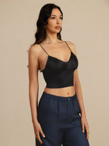 [Negro] SilkSilky-ES Spaghetti Strap V Neck Top de tirantes 002