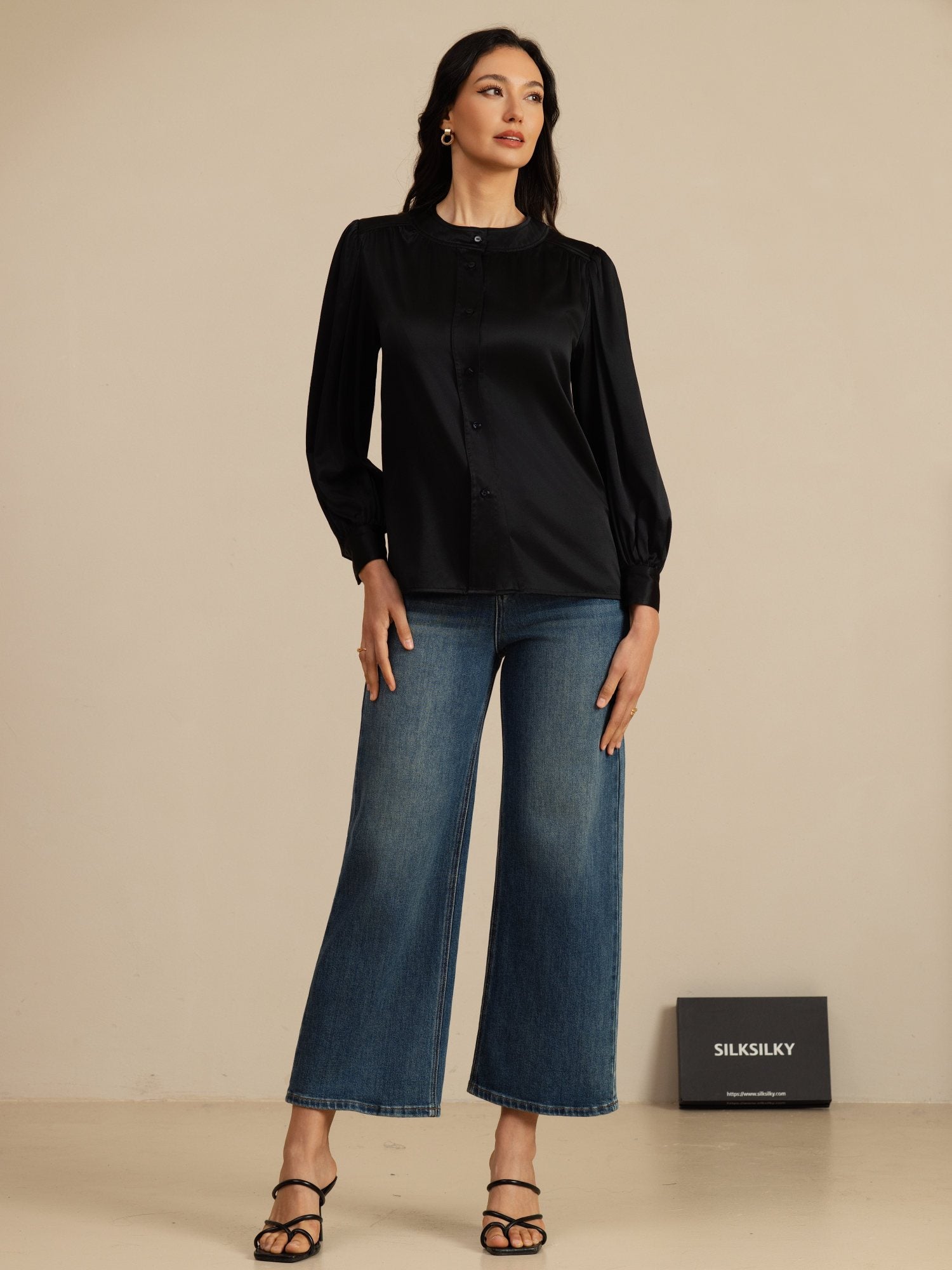 [Negro] SilkSilky-ES 19Momme Long Sleeve Round Neck Blusa 005