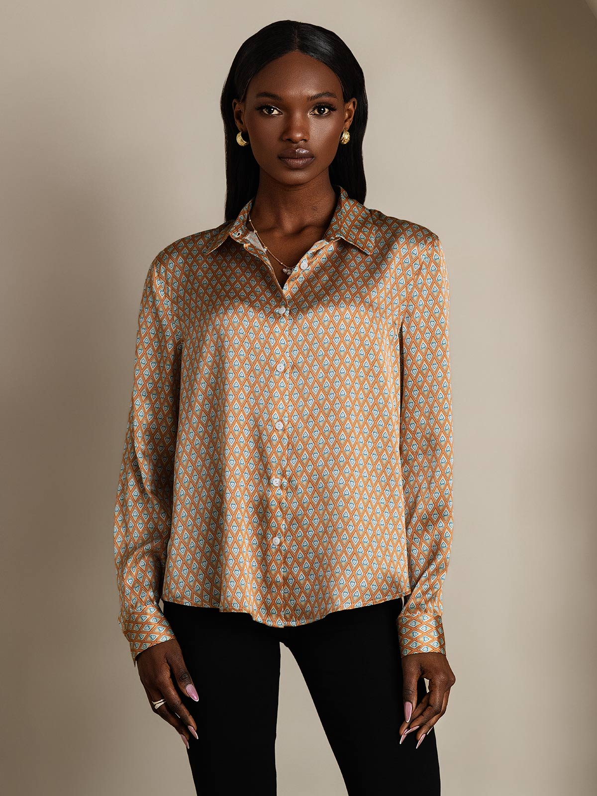 [Floral] SilkSilky-ES Seda Lapel Collar Blusas de Mujer 004
