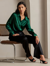 [Verde Oscuro] SilkSilky-ES Long Sleeve Lapel Collar Blusas de Mujer 001