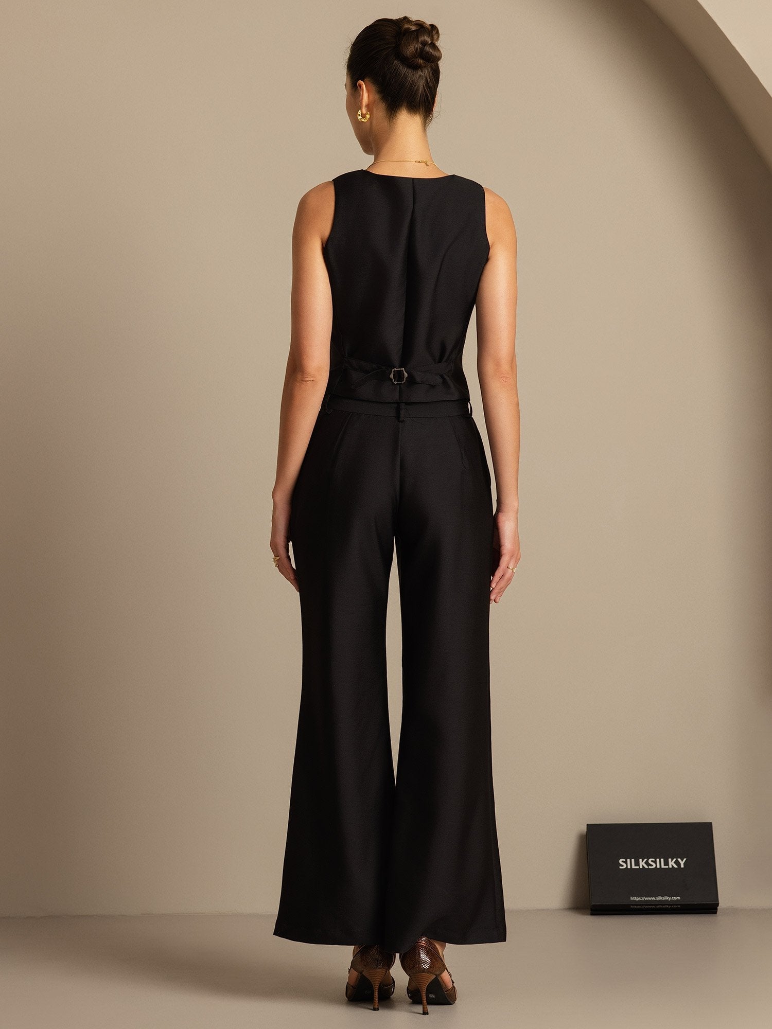 [Negro] SilkSilky-ES 32Momme Silk-Wool Blend Cuello en V Chaleco Mujer 002,