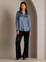 [Verde Azulado Real] SilkSilky-ES Long Sleeve Lapel Collar Blusas de Mujer 001