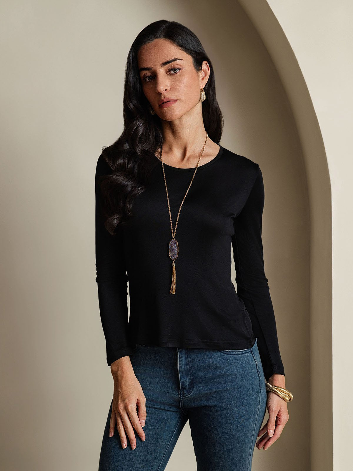 [Negro] SilkSilky-ES Seda Womens T-Shirt 003