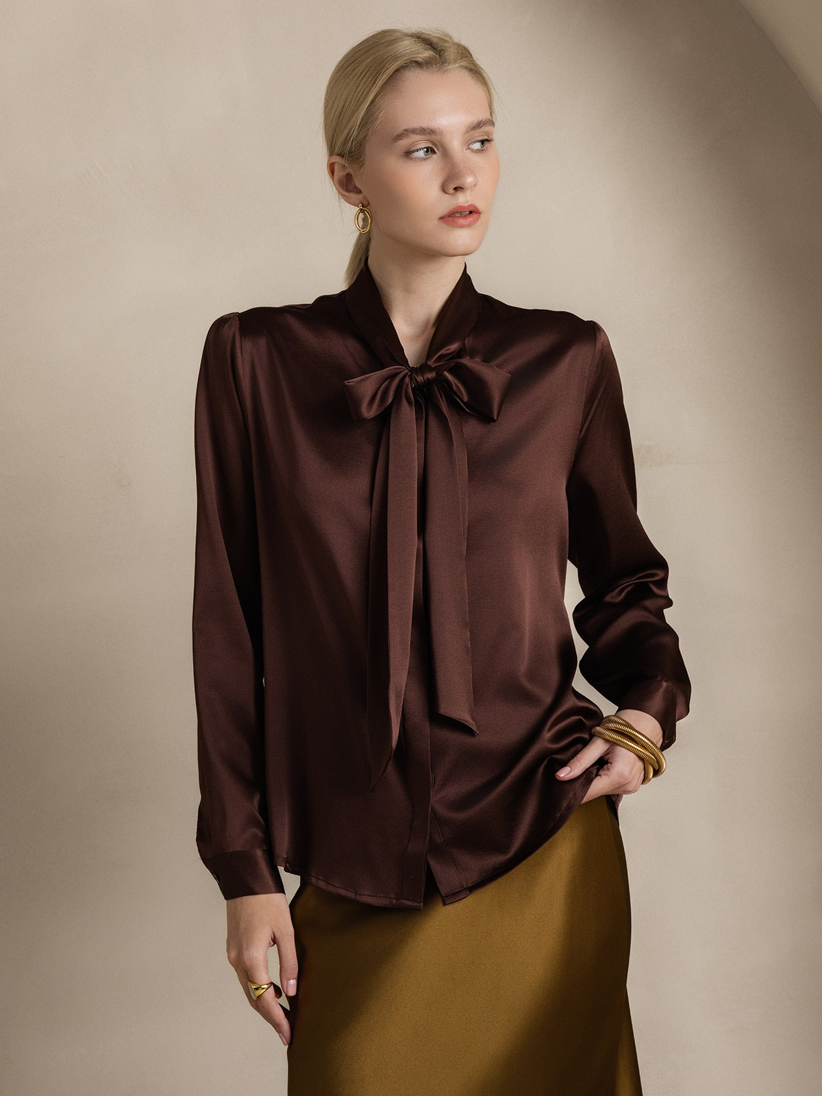 [Café] SilkSilky-ES 19Momme Seda Manga larga Corbata Blusas de Mujer 004