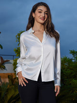 [Blanco] SilkSilky-ES 19Momme Manga larga Cuello con Solapa Blusas de Mujer 003