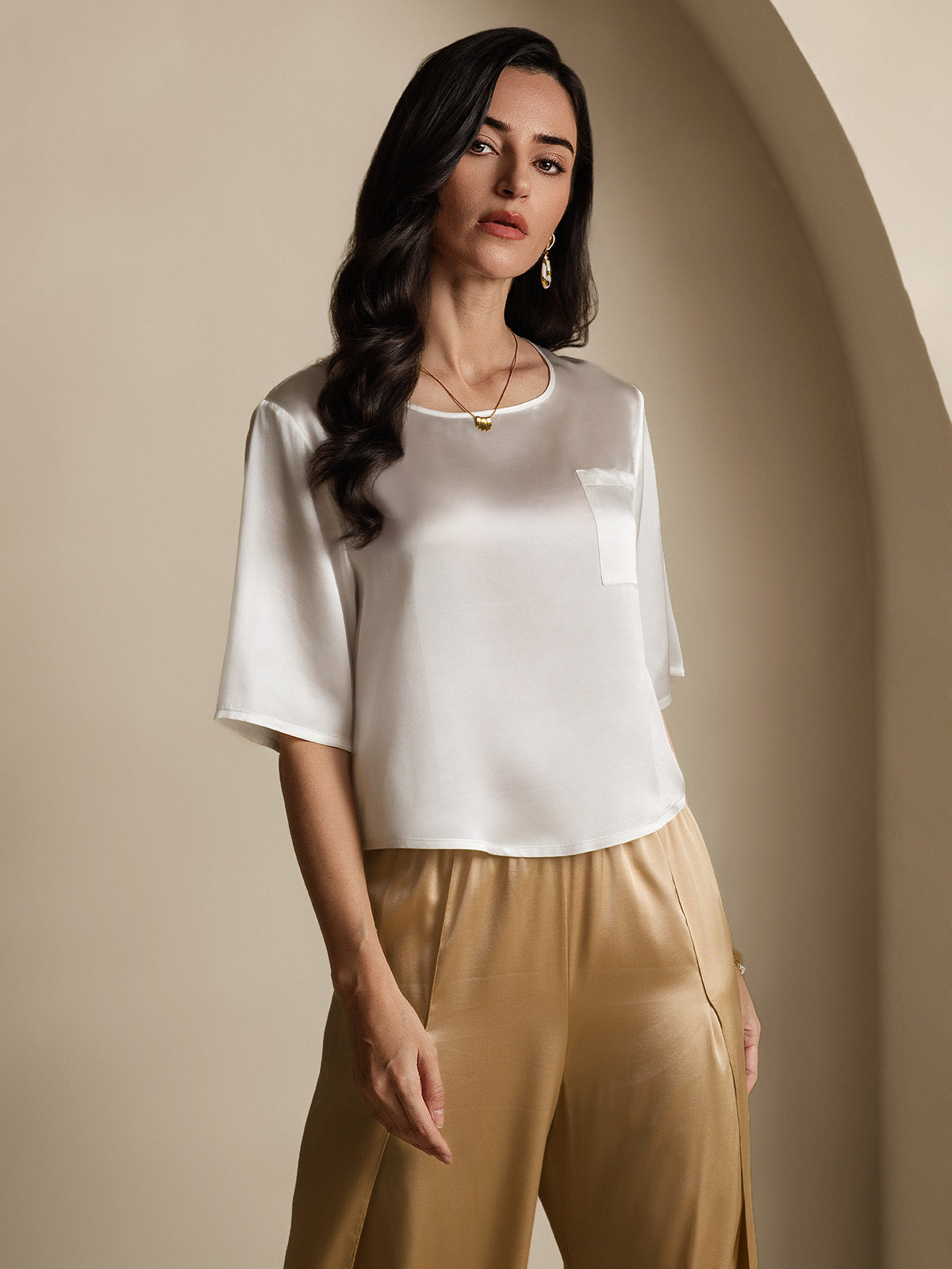 [Blanco] SilkSilky-ES Seda Pura Cuello Barco Camisetas de Mujer 005