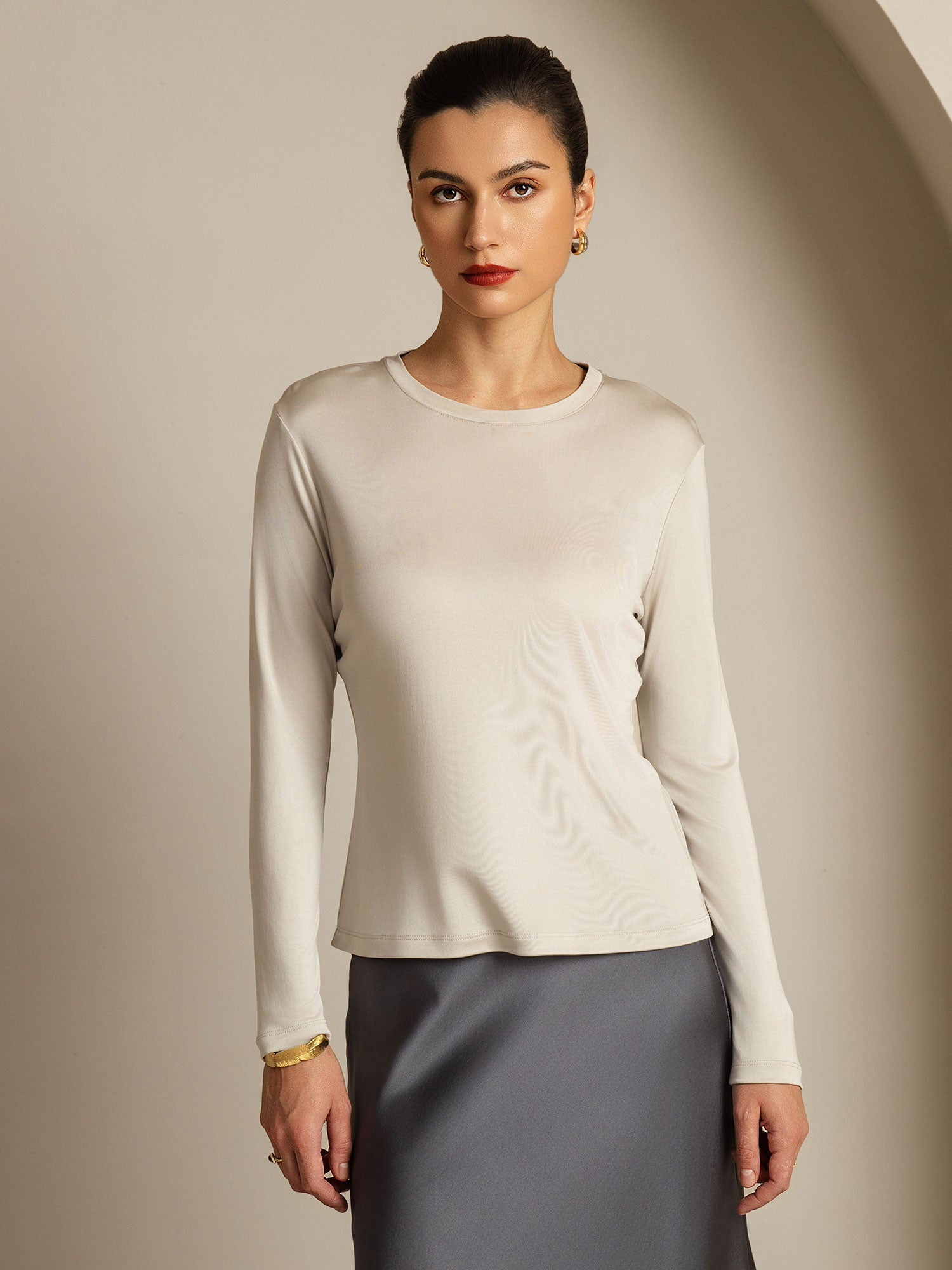 [Gris] SilkSilky-ES Seda Pura Womens T-Shirt 003,