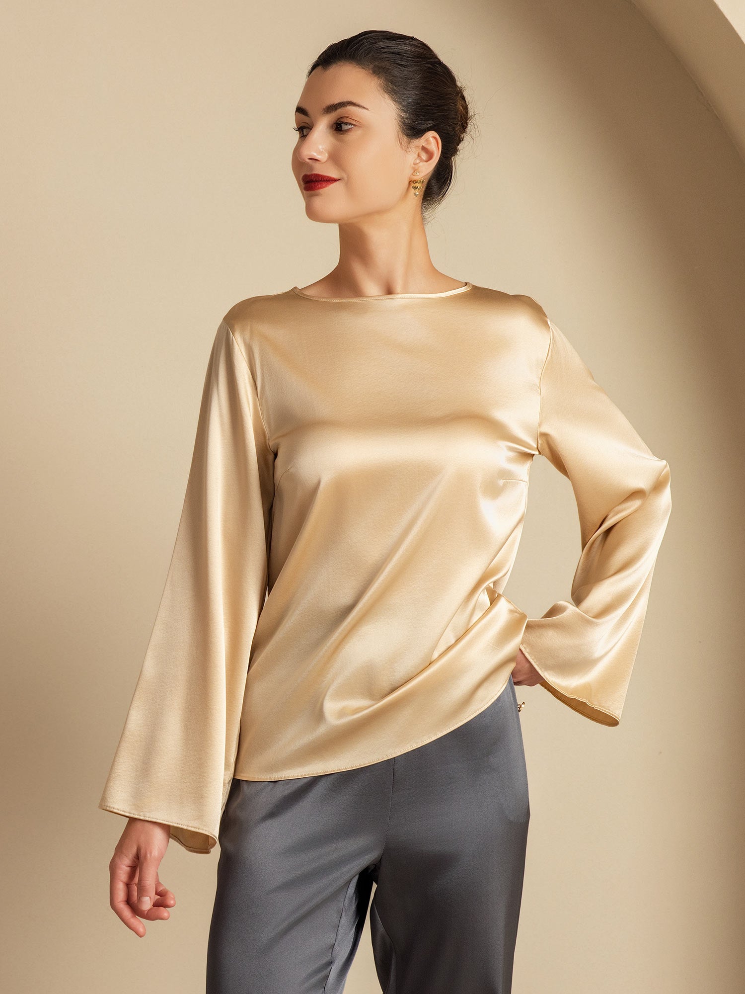 [Champán] SilkSilky-ES 19Momme Seda Womens T-Shirt 005