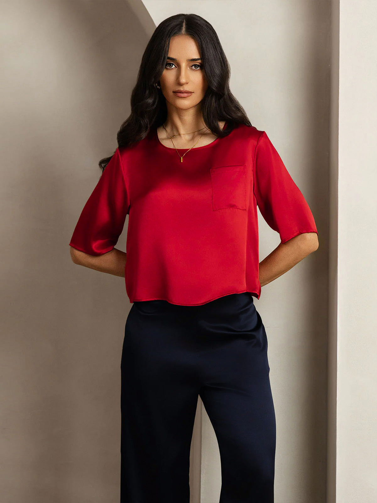 [Rojo Oscuro] SilkSilky-ES Seda Pura Cuello Barco Camisetas de Mujer 001