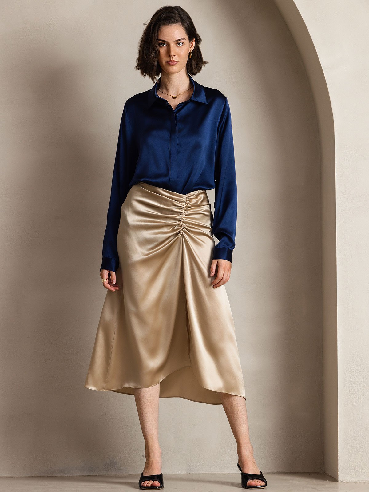 [Azul Oscuro] SilkSilky-ES 19Momme Seda Manga larga Cuello Camisero Blusas de Mujer 001