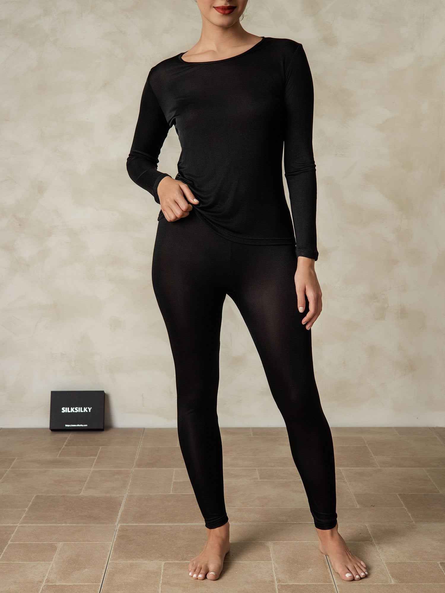 [Negro] SilkSilky-ES Manga larga Cuello Redondo Ropa Interior Larga Mujer 001