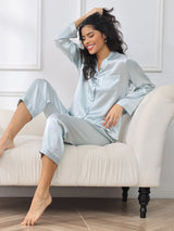 [Azul Claro] SilkSilky-ES Long Sleeve Lapel Collar Pijamas de mujer 001