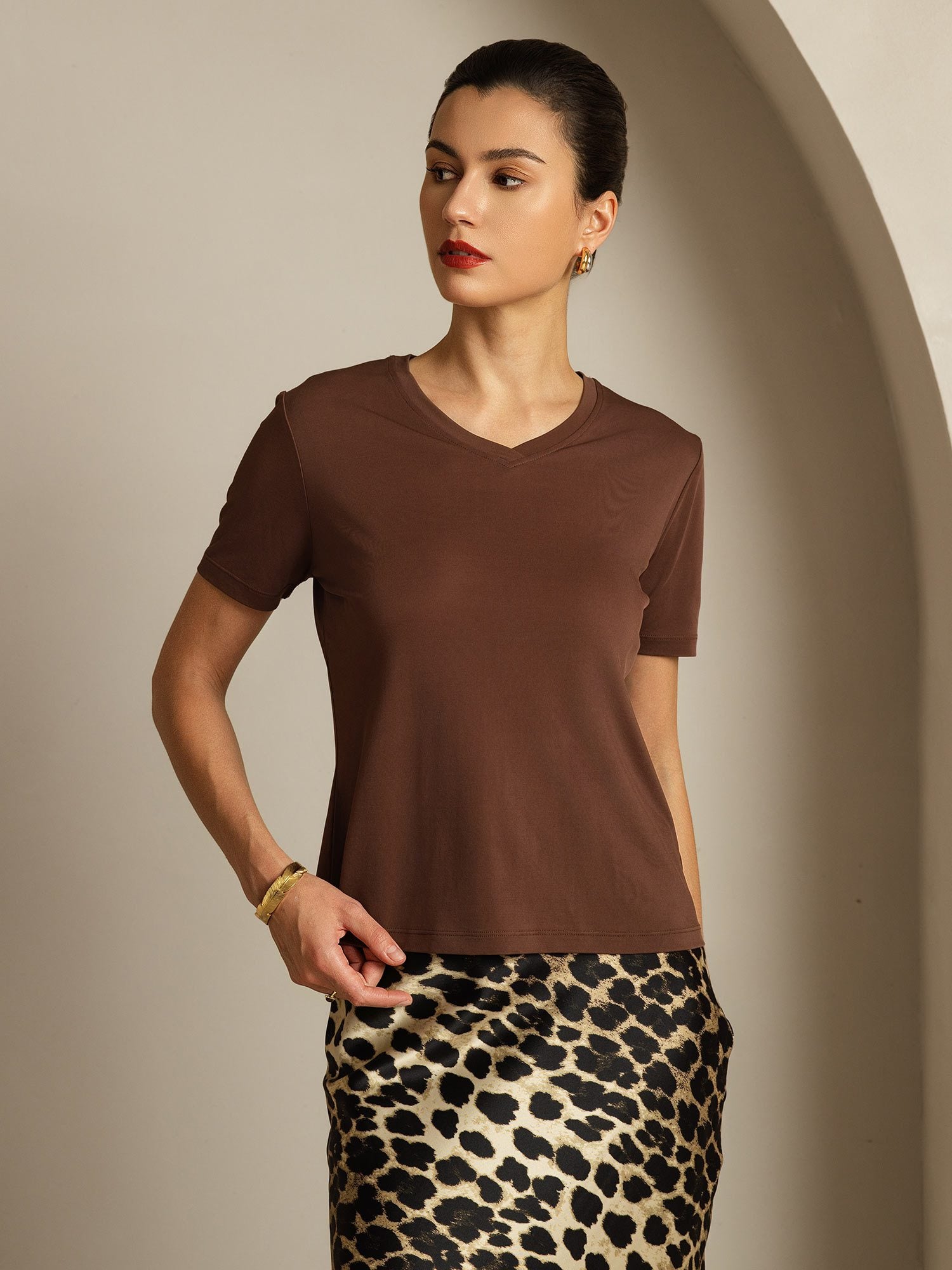 [Café] SilkSilky-ES Seda Pura Cuello en V Camisetas de Mujer 007