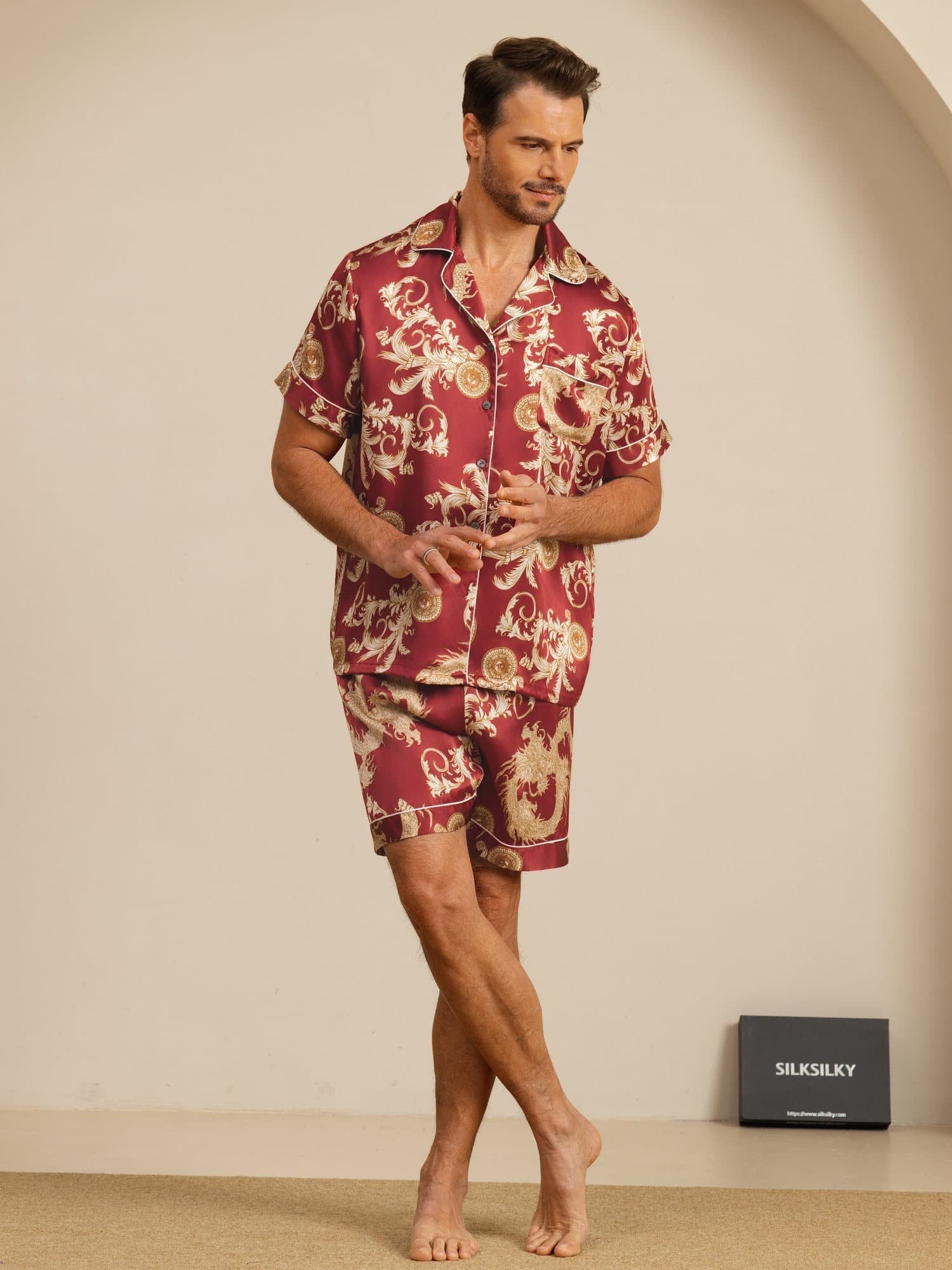 [Dragón Vino] SilkSilky-ES Manga corta Cuello de Muesca Pijamas de hombre 007
