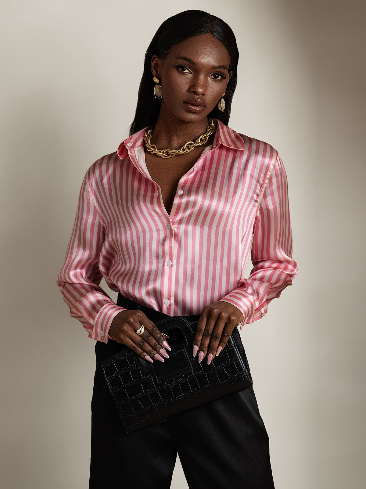 [Rosa] SilkSilky-ES Seda Lapel Collar Blusas de Mujer 005