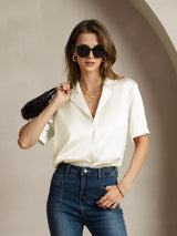 [Marfil] SilkSilky-ES Short Sleeve Lapel Collar Blusas de Mujer 001