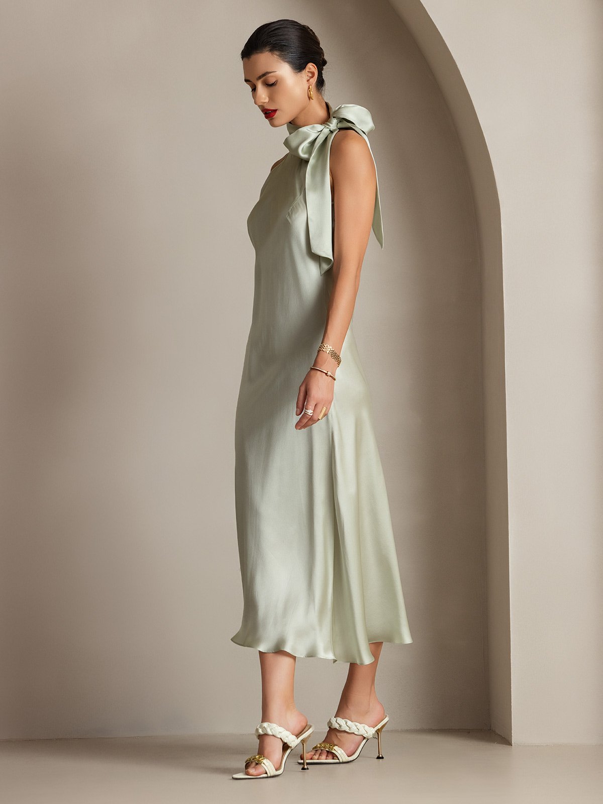 [Verde Claro] SilkSilky-ES 19Momme Seda Sin mangas Corbata Vestido 007