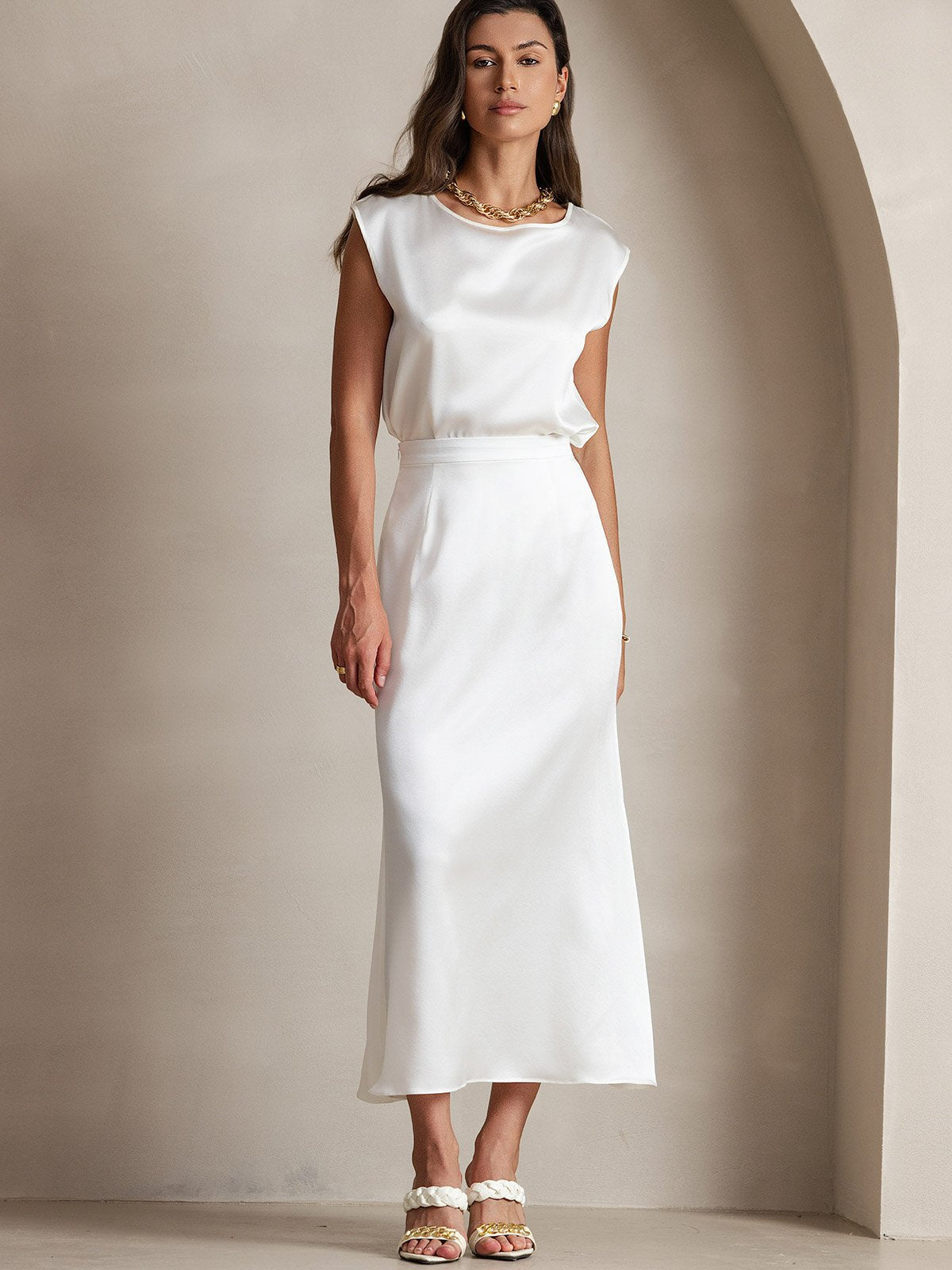 [Blanco] SilkSilky-ES 19Momme Falda 006