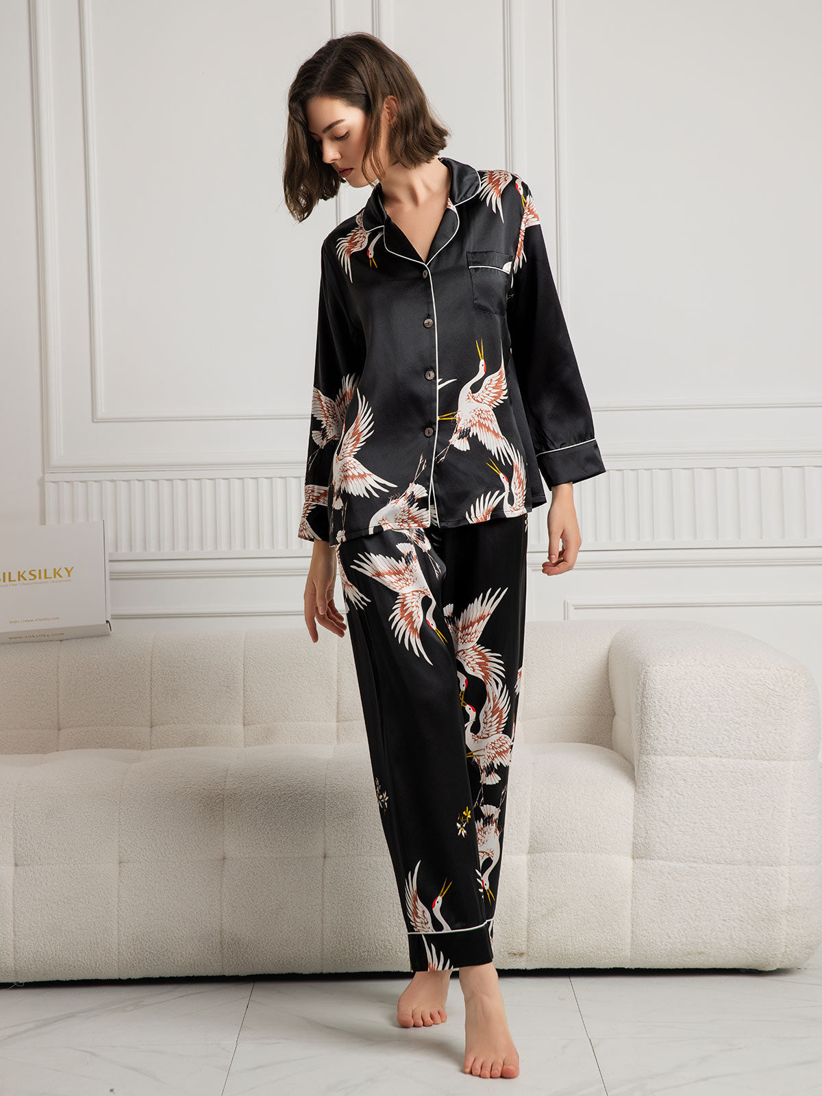[Negro] SilkSilky-ES 19Momme Seda Pura Manga larga Solapa Pijamas de mujer 004