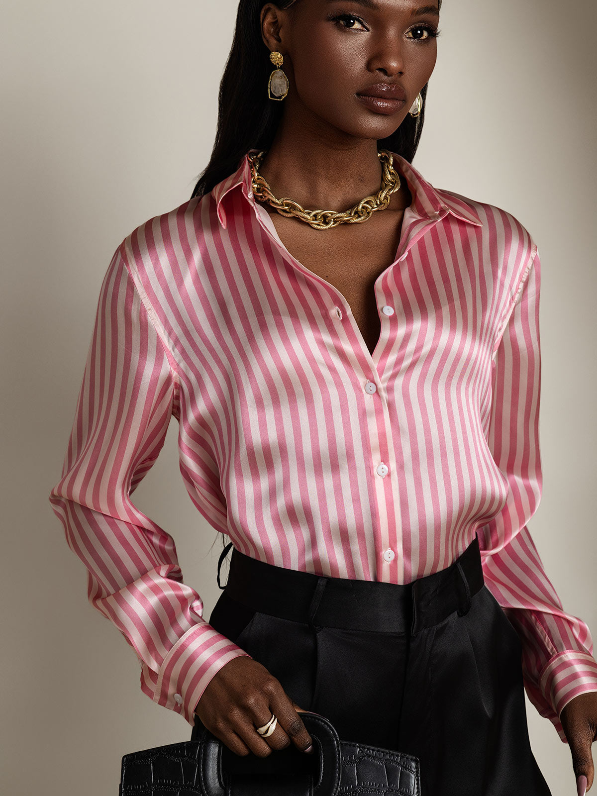 [Rosa] SilkSilky-ES Seda Lapel Collar Blusas de Mujer 001