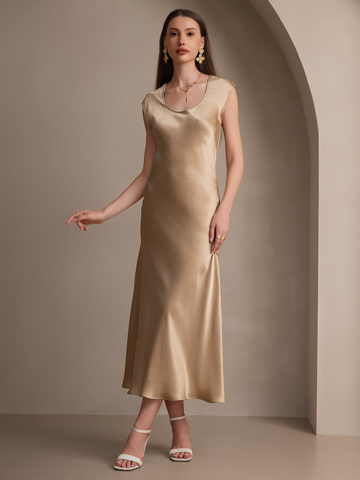 [Champán] SilkSilky-ES 19Momme Seda Dress 004