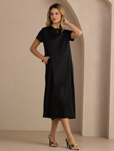 [Negro] SilkSilky-ES Short Sleeve Round Neck Vestido 004