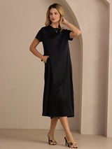 [Negro] SilkSilky-ES Short Sleeve Crew Neck Vestido 004