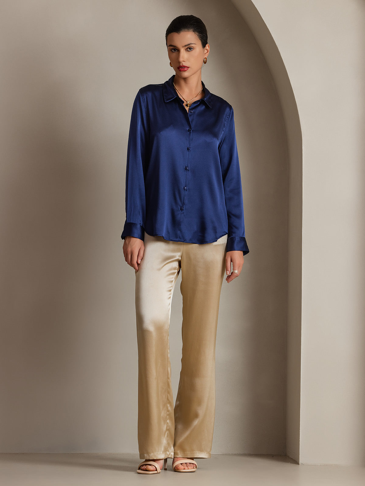 [Azul Oscuro] SilkSilky-ES Seda Manga larga Cuello Camisero Blusas de Mujer 004