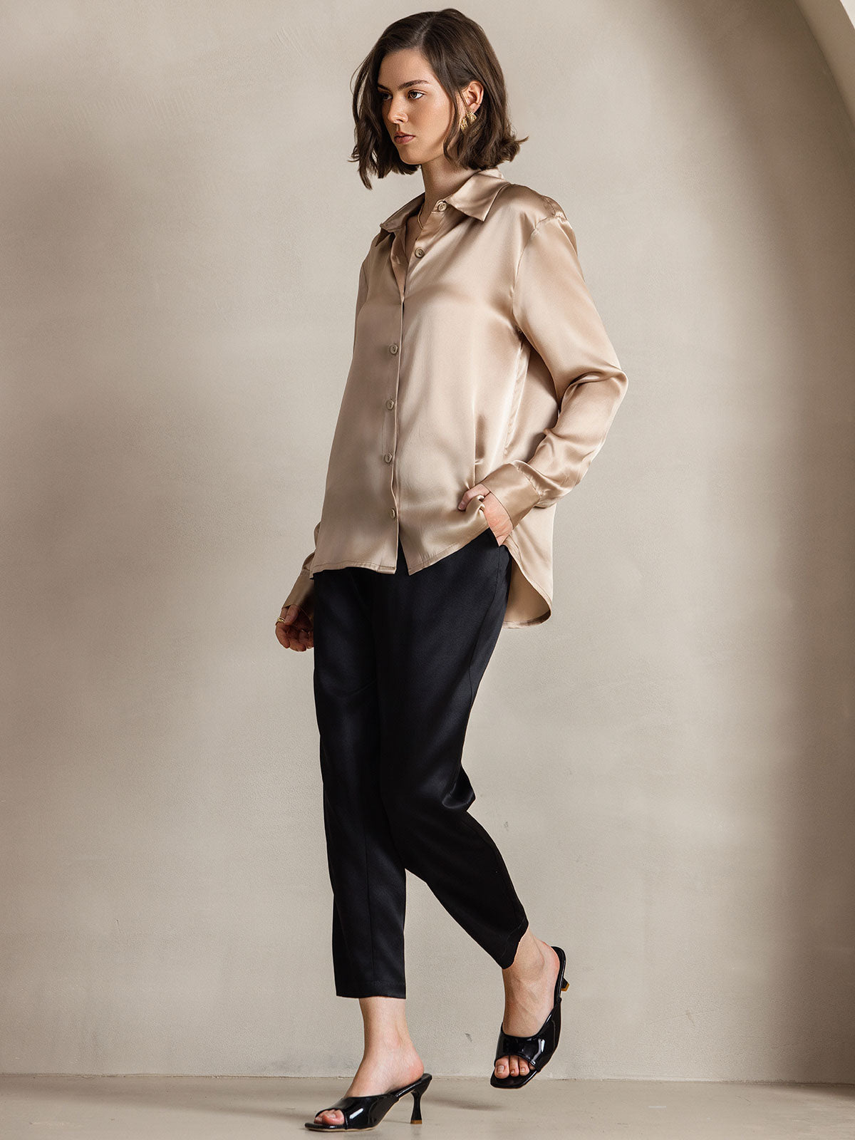 [Champán] SilkSilky-ES Seda Lapel Collar Blusas de Mujer 007