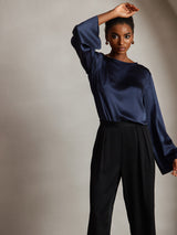 [Azul Oscuro] SilkSilky-ES Long Sleeve Boat Neck Blusa 005