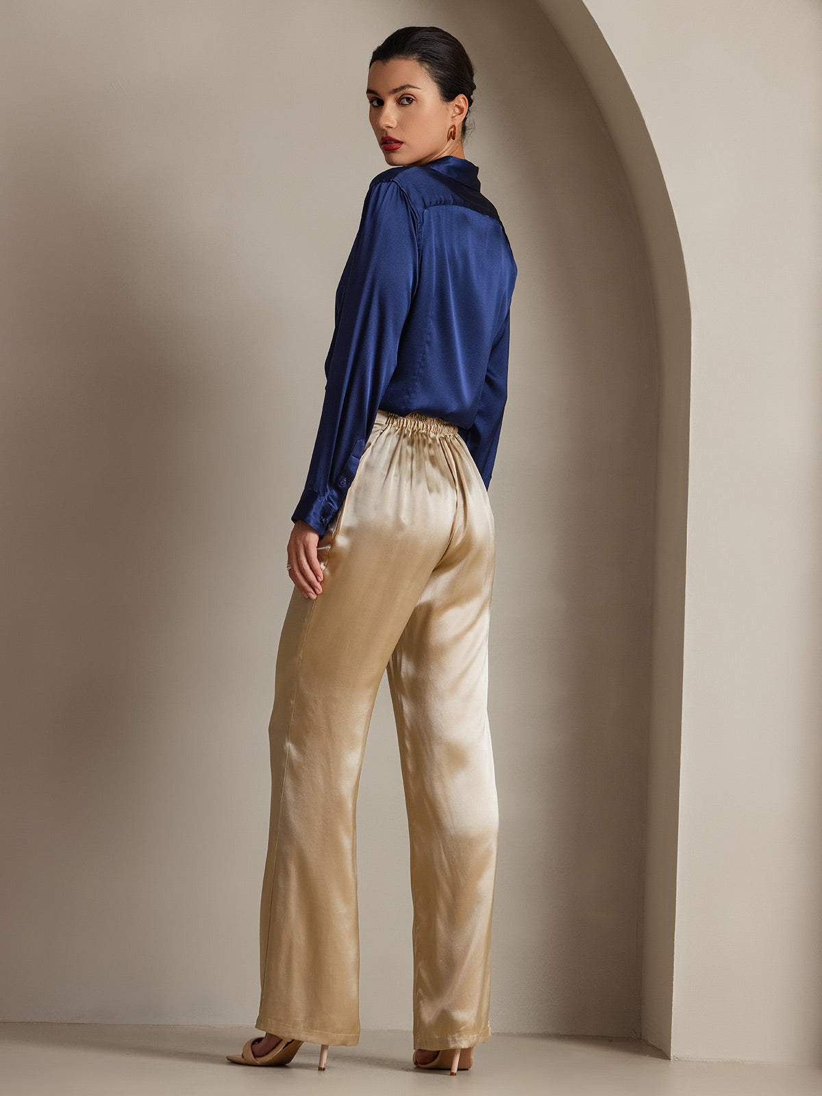 [Azul Oscuro] SilkSilky-ES Seda Manga larga Cuello Camisero Blusas de Mujer 002