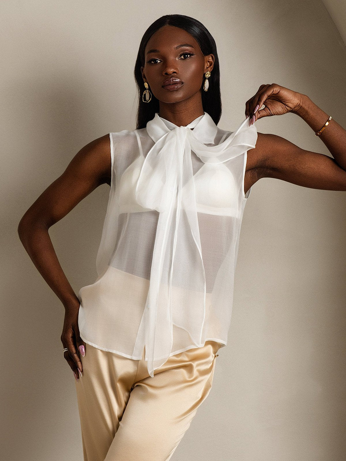 SilkSilky-ES Seda Pura Sin mangas Corbata Blusas de Mujer Blanco 004