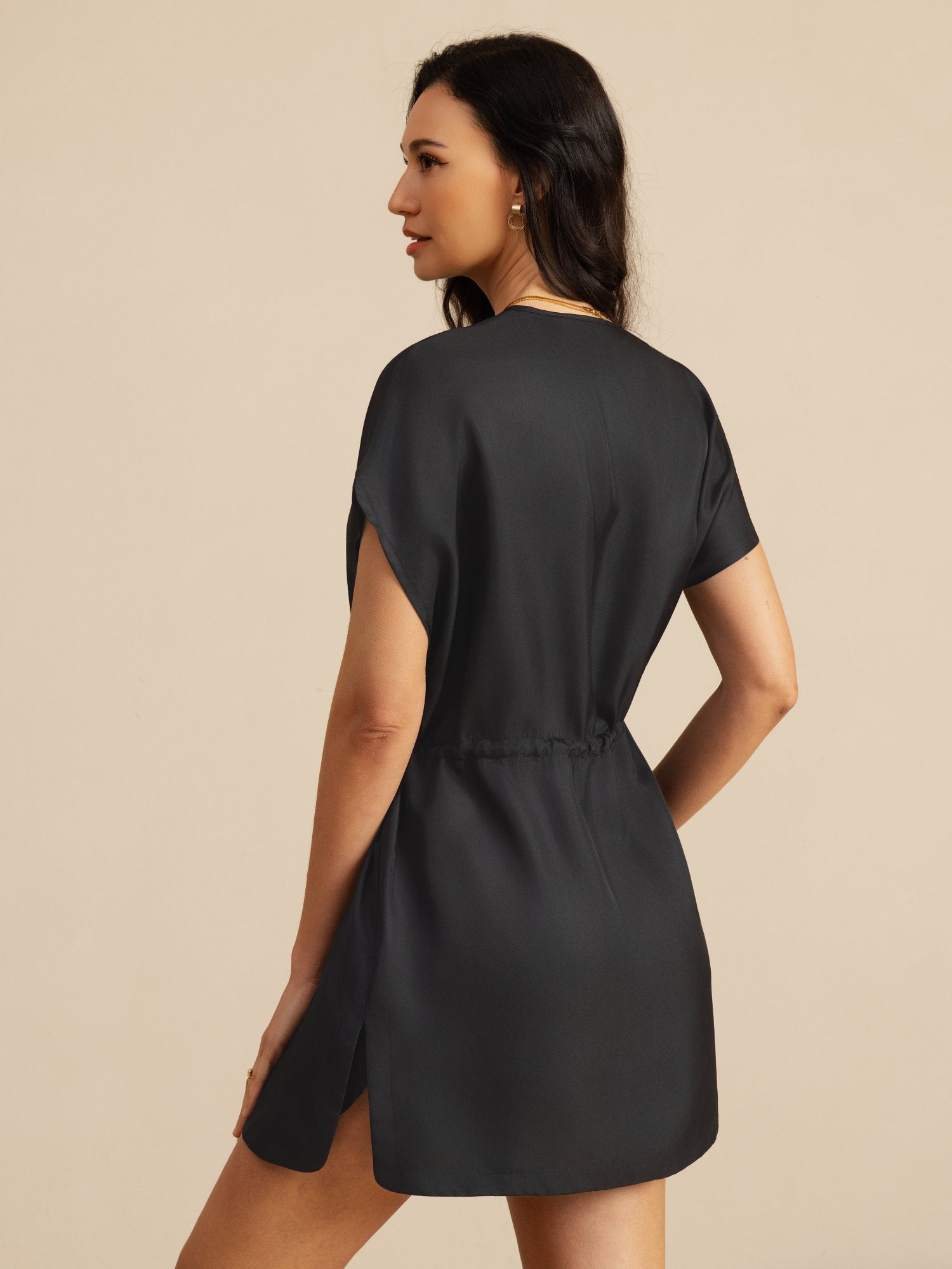 [Negro] SilkSilky-ES 18Momme Manga Casquillo Cuello Henley Vestido 002