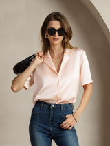 [Rosa] SilkSilky-ES Short Sleeve Lapel Collar Blusas de Mujer 003