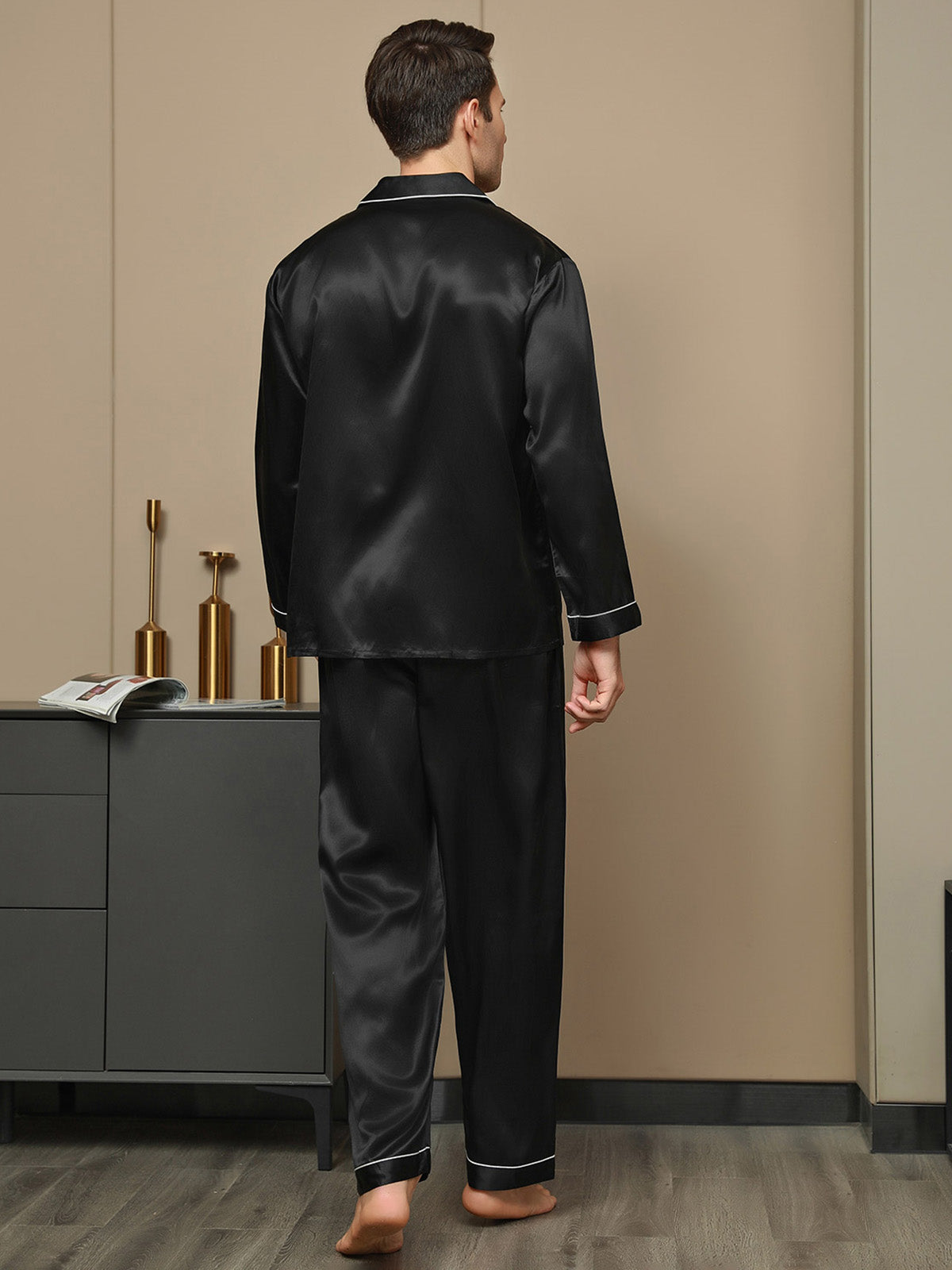 [Negro] SilkSilky-ES Long Sleeve Lapel Collar Pijamas de hombre 002