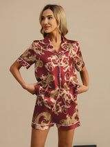[Dragón Vino] SilkSilky-ES Short Sleeve Lapel Collar Pijamas de mujer 003
