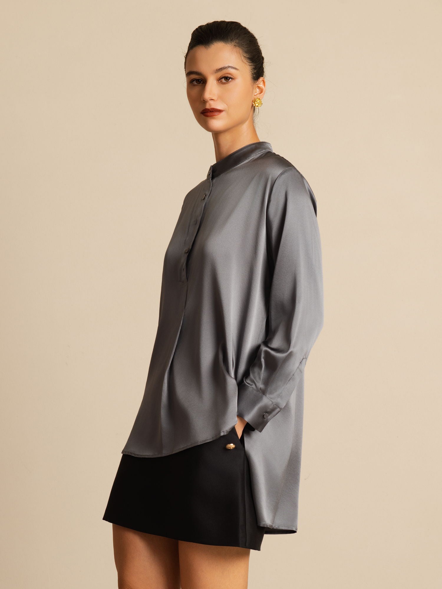 [Gris Oscuro] SilkSilky-ES 19Momme Seda Manga larga Cuello Alto Blusa 006