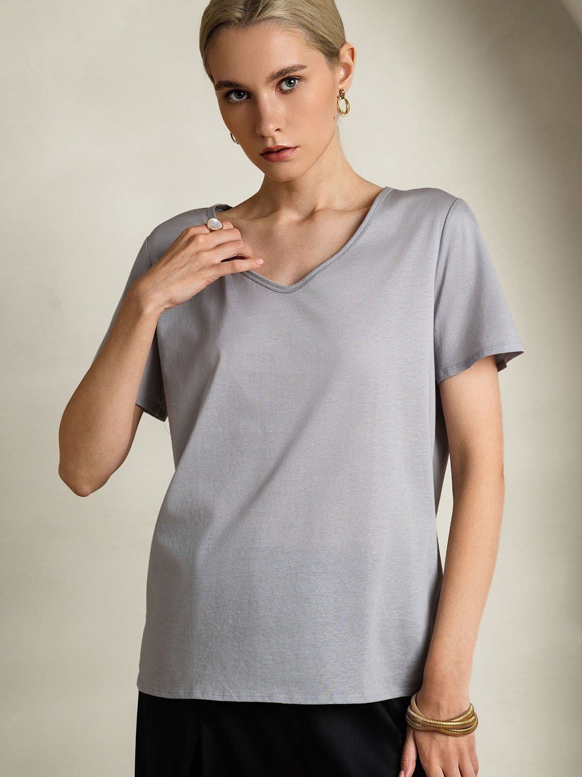 SilkSilky-ES Seda Manga corta Cuello en V Camisetas de Mujer Gris 003