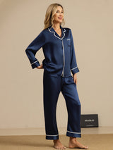 [Azul Oscuro] SilkSilky-ES Long Sleeve Lapel Collar Pijamas de mujer 007