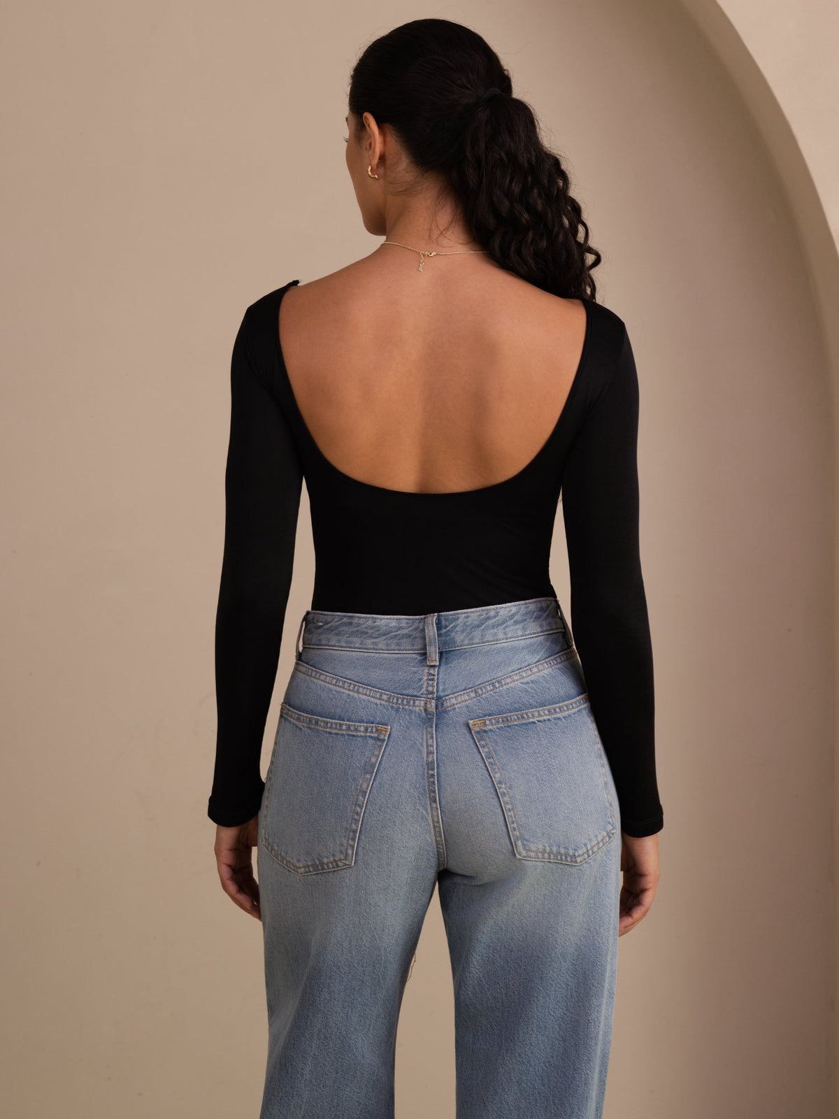 [Negro] SilkSilky-ES Long Sleeve Cuello en U Camisetas de Mujer 002