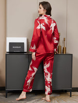 [Rojo Oscuro] SilkSilky-ES Long Sleeve Lapel Collar Pijamas de mujer 006
