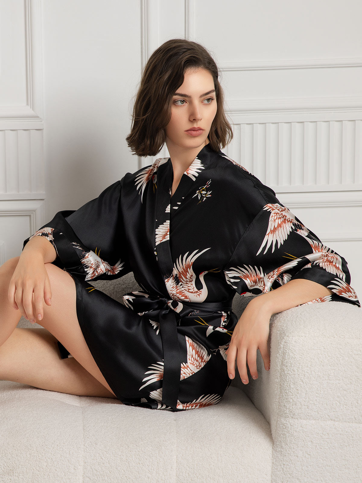 [Negro] SilkSilky-ES 19Momme Seda Pura Manga francesa Cuello en V profundo Bata de mujer 004