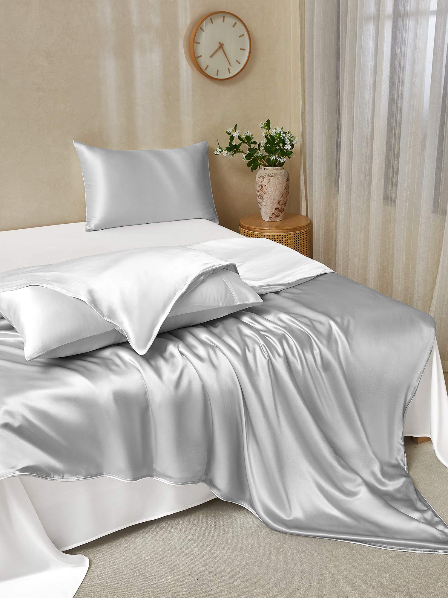 [GrisClaro+Blanco] SilkSilky-ES 19Momme Seda Pura Bedding Set 003,