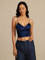 [Azul Oscuro] SilkSilky-ES Spaghetti Strap V Neck Top de tirantes 005